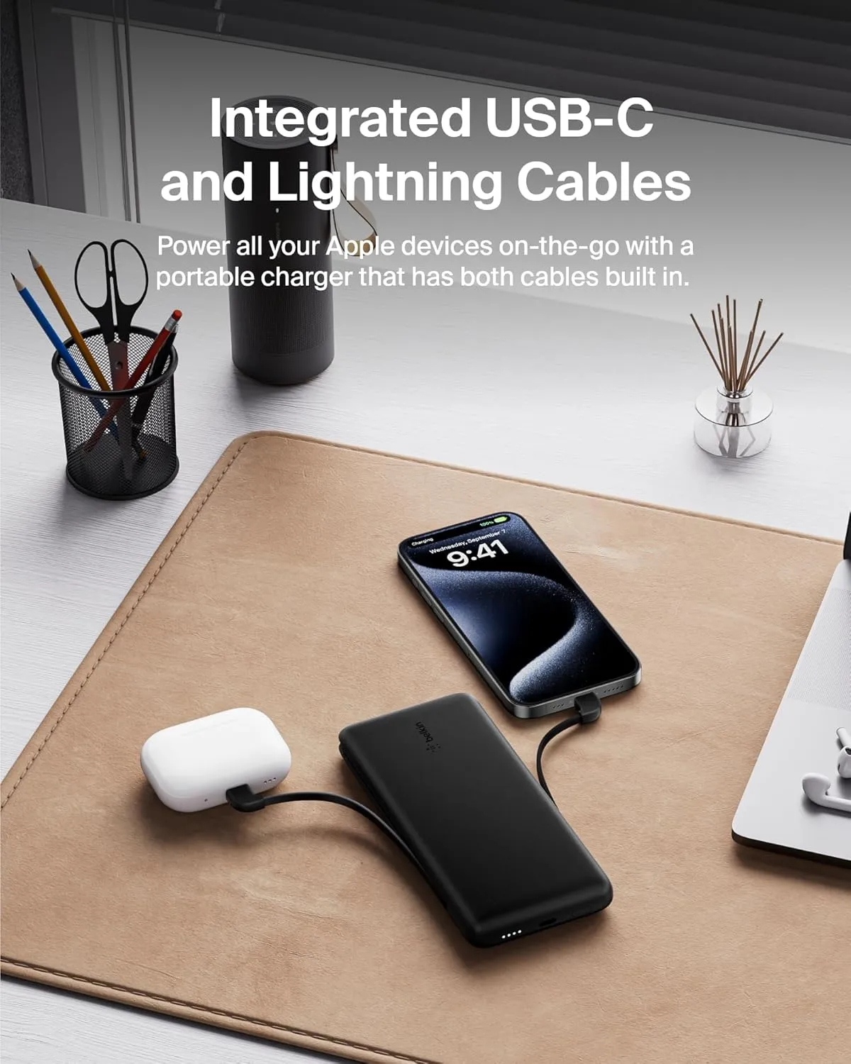 Belkin Portable Charger, Power Bank 10,000mAh, 23W w/Integrated Lightning Cable & USB-C Cable - iPhone Charger Battery Pack for Apple iPhone 16, 15, 14, Galaxy S25, Pixel 9, Travel Essentials - Black