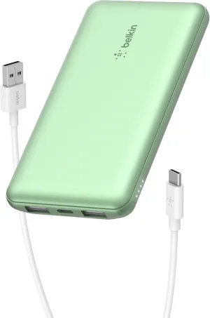 Belkin Portable Charger, USB-C Power Bank 10,000mAh w/ 2xUSB-A Ports, 15W w/Type-C to Type-A Cable for iPhone 16, 15, Samsung Galaxy S25, Pixel, iPad, Nintendo Switch 2 & More - Green