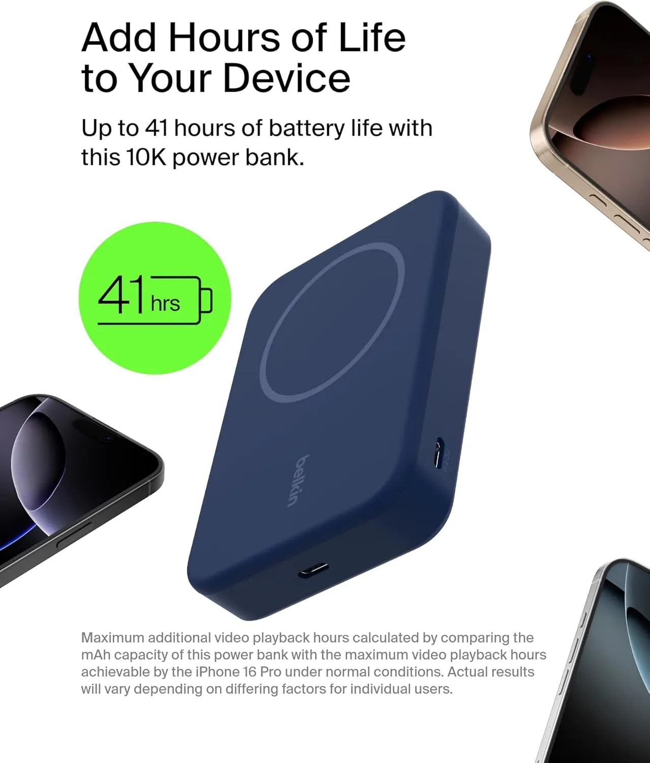 Belkin Portable Charger, Wireless Power Bank 10,000mAh w/ Qi2, MagSafe Compatible   Built-in Pop-up Kickstand - Compatible w/iPhone 16, 15, 14, Plus, Pro, Pro Max, and More - Blue