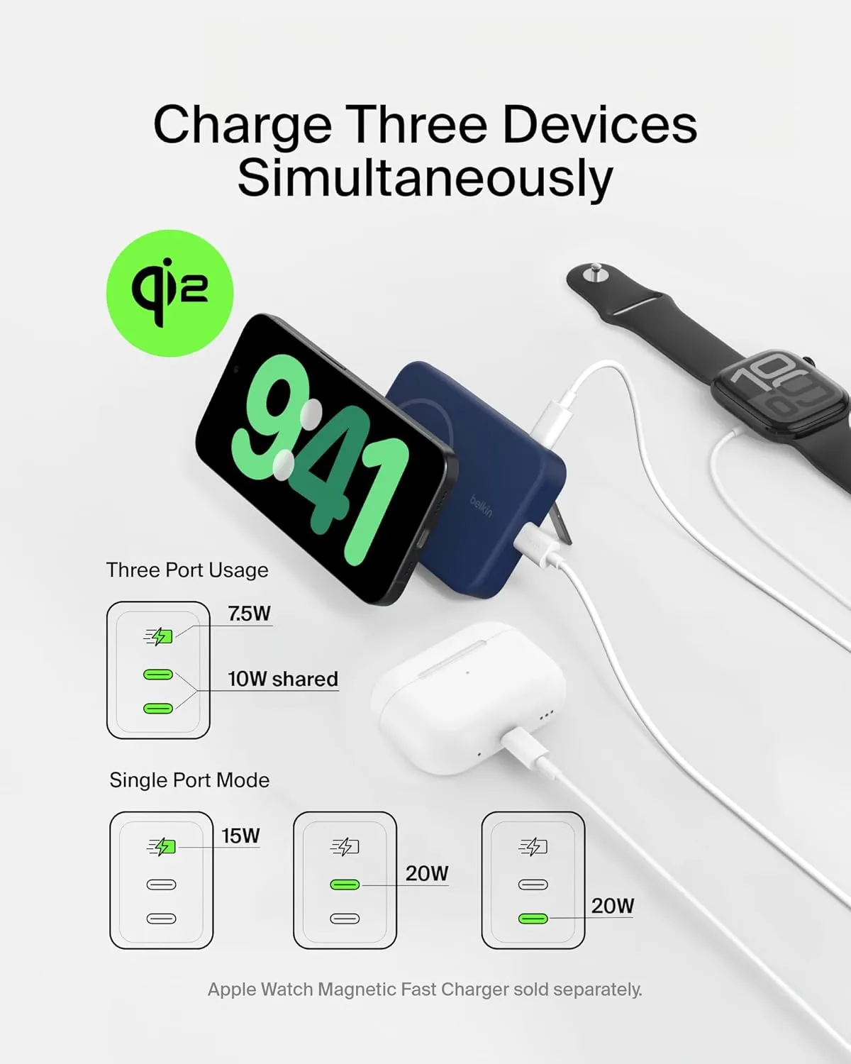 Belkin Portable Charger, Wireless Power Bank 10,000mAh w/ Qi2, MagSafe Compatible   Built-in Pop-up Kickstand - Compatible w/iPhone 16, 15, 14, Plus, Pro, Pro Max, and More - Blue