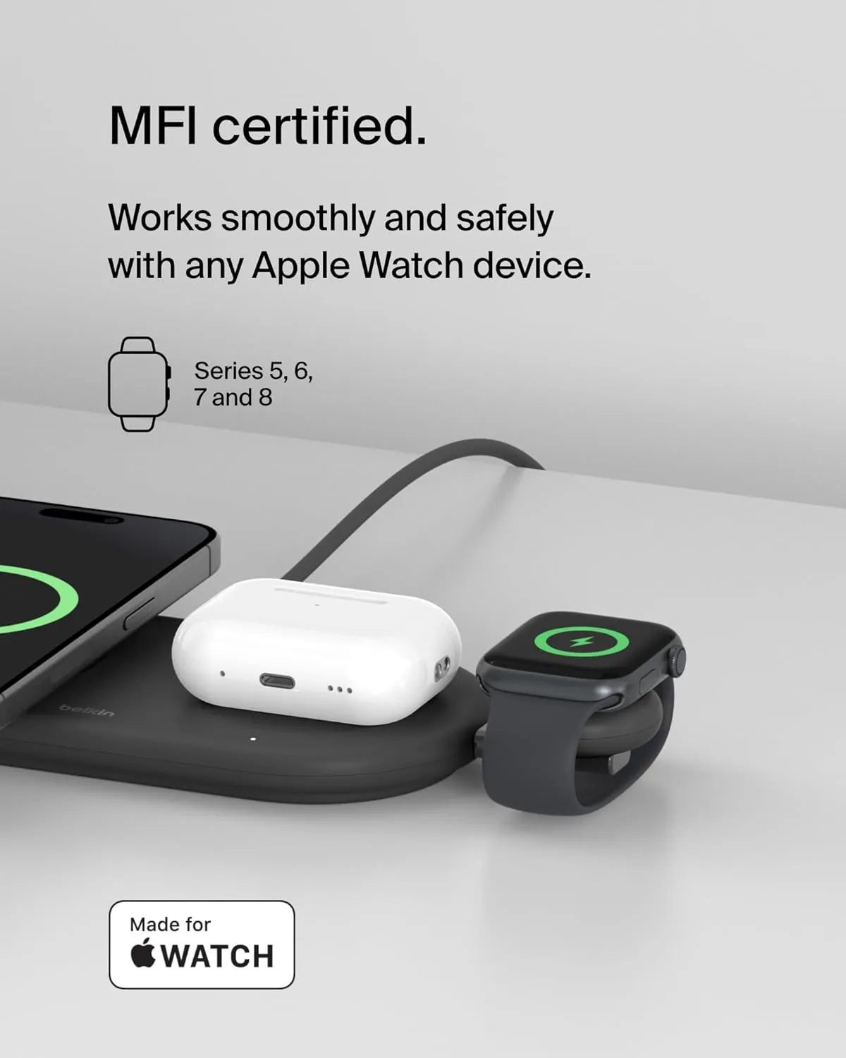 Belkin Portable USB-C Apple Watch Charger - MFi-Certified USB-C Charger for Apple Watch Series 9, 8, 7, Ultra - Compatible with MacBook, iPhone 16 & More - Black