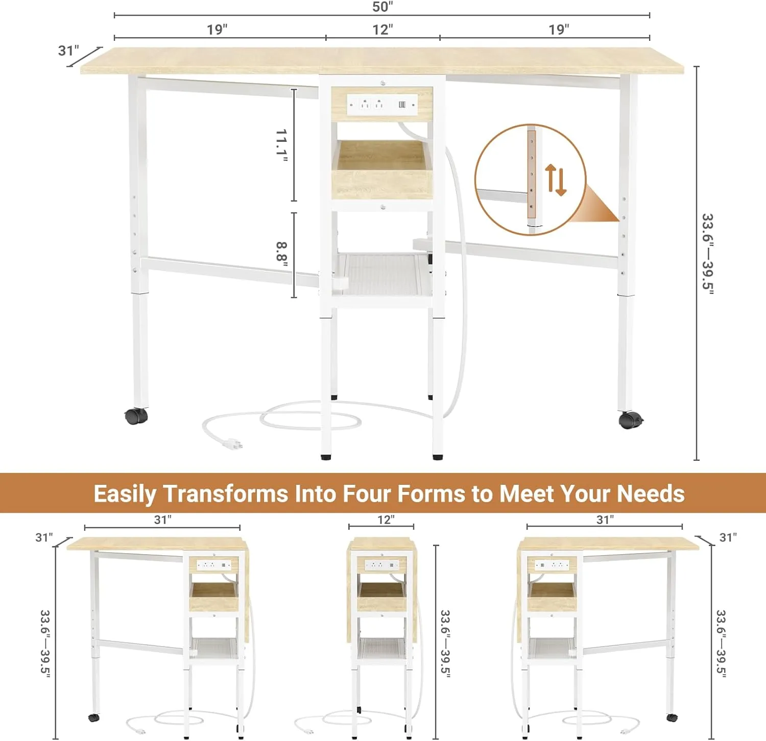 Besiost Folding Sewing Cutting Table with Charging Station, Height Adjustable Craft Table with Storage, 50" Foldable Fabric Cutting Tables for Sewing Room Craft Room, Natural