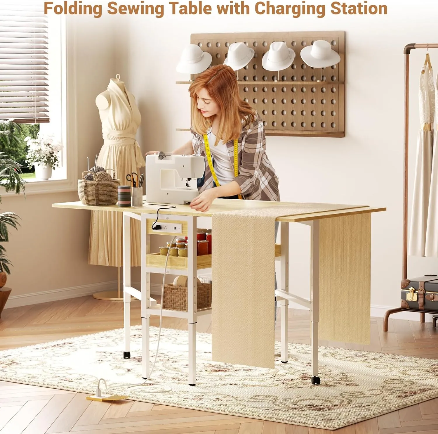Besiost Folding Sewing Cutting Table with Charging Station, Height Adjustable Craft Table with Storage, 50" Foldable Fabric Cutting Tables for Sewing Room Craft Room, Natural