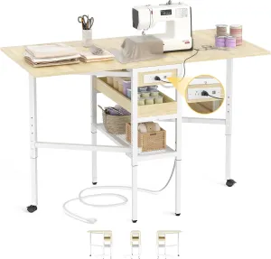 Besiost Folding Sewing Cutting Table with Charging Station, Height Adjustable Craft Table with Storage, 50" Foldable Fabric Cutting Tables for Sewing Room Craft Room, Natural