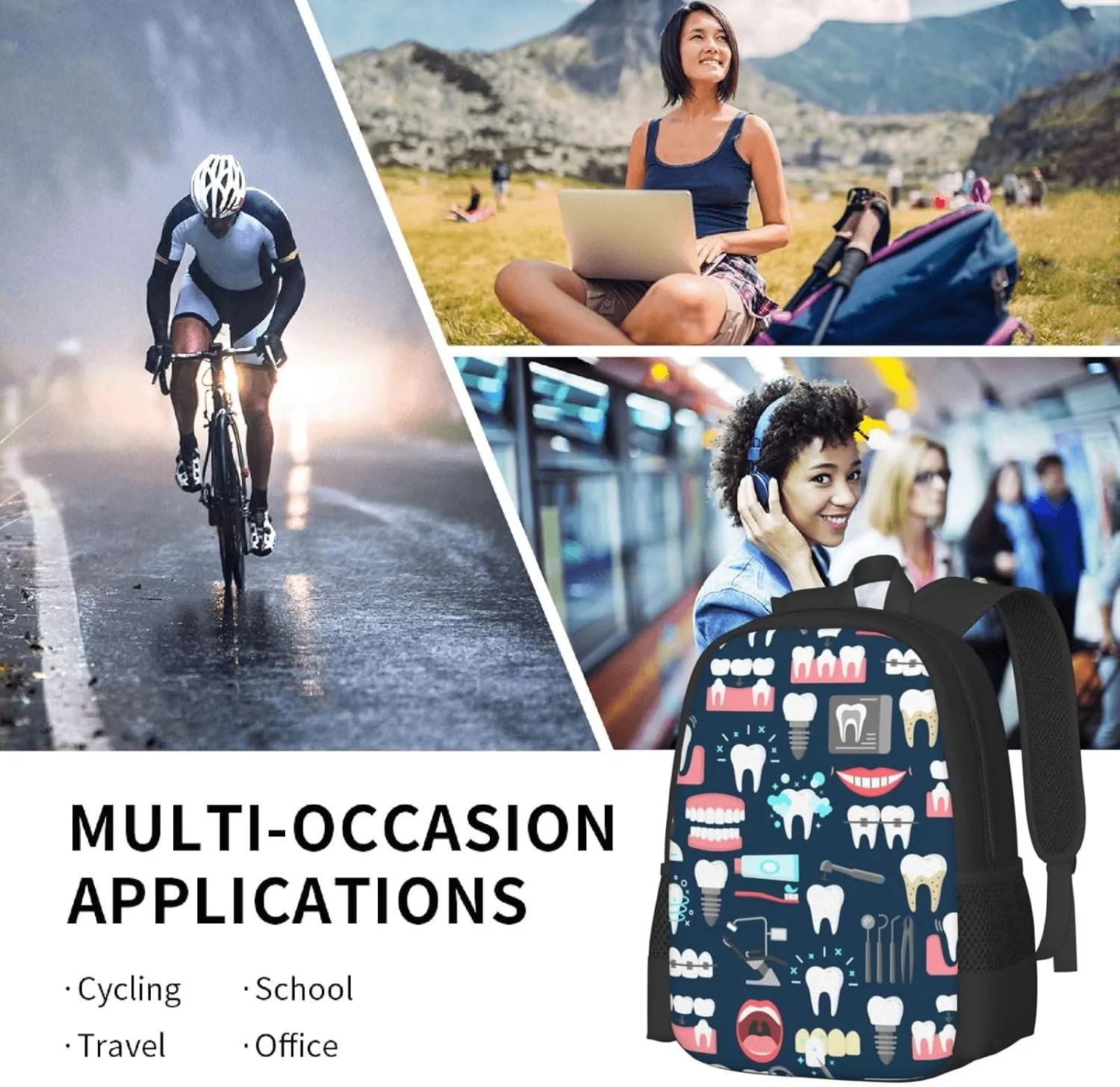 Big Capacity Rucksacks, for Teeth Dental Seamless Pattern Anti-Theft Multipurpose Bookbag with Shoulder Straps, Daypack Backpack, Camping Outdoor Backpack, Computer Bag