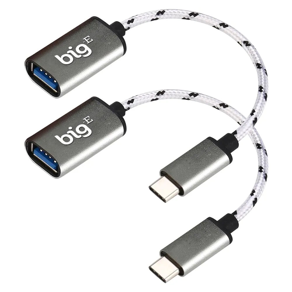 Big-E Turbo 5Gbps USB-C to USB 3.0 Adapter [2Pack] Compatible with Amazon Fire HD 8 Plus (2020) for Full USB OTG On-The-Go Thunderbolt 3/4 Short Connector USBC Male to USB Female (Silver)