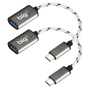 Big-E Turbo 5Gbps USB-C to USB 3.0 Adapter [2Pack] Compatible with Amazon Fire HD 8 Plus (2020) for Full USB OTG On-The-Go Thunderbolt 3/4 Short Connector USBC Male to USB Female (Silver)