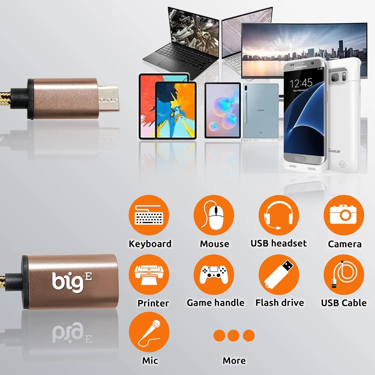 Big-E Turbo 5Gbps USB-C to USB 3.0 Adapter [2Pack] Compatible with Huawei Mate 70 Pro  for Full USB OTG On-The-Go Thunderbolt 3/4 Short Connector USBC Male to USB Female (Gold)