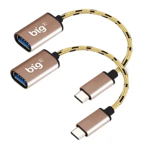 Big-E Turbo 5Gbps USB-C to USB 3.0 Adapter [2Pack] Compatible with Huawei Mate 70 Pro  for Full USB OTG On-The-Go Thunderbolt 3/4 Short Connector USBC Male to USB Female (Gold)