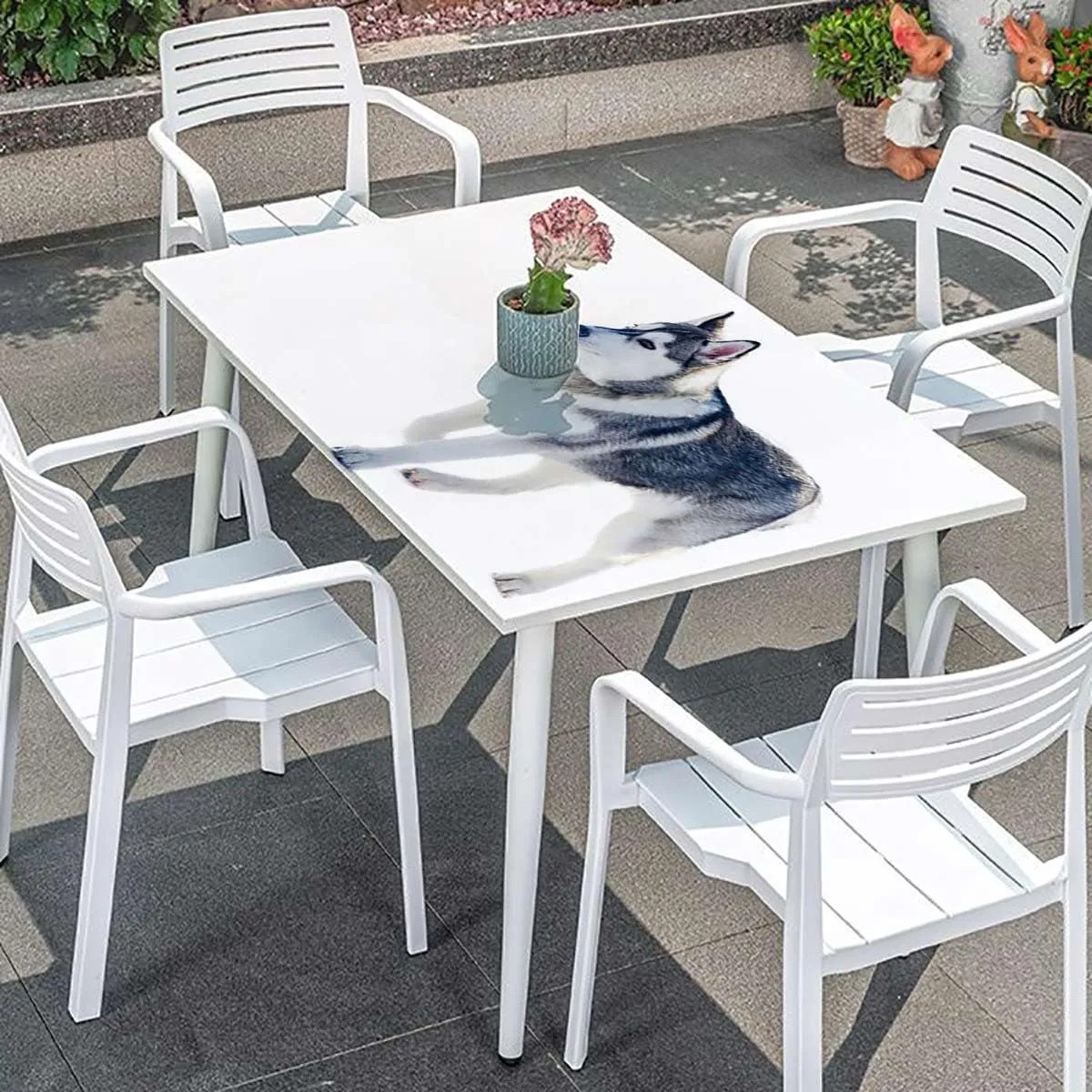 Black Cream White Elastic Edged Table Covers Arctic Doggies Husky Polyester Fitted Waterproof Outdoor Tablecloth Protector with Elastic Alaskan Malamute Fits up 5 Foot Tables
