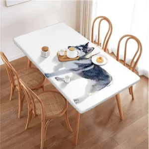 Black Cream White Elastic Edged Table Covers Arctic Doggies Husky Polyester Fitted Waterproof Outdoor Tablecloth Protector with Elastic Alaskan Malamute Fits up 5 Foot Tables