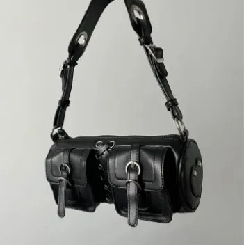 Black Double Pocket Cylinder Shoulder Bag