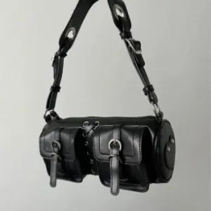 Black Double Pocket Cylinder Shoulder Bag