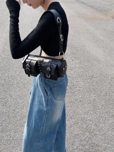Black Double Pocket Cylinder Shoulder Bag