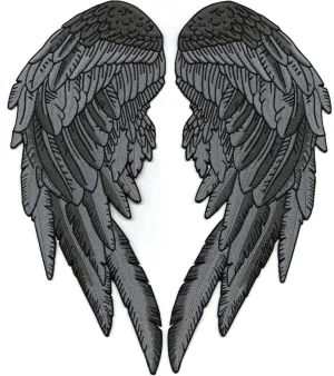 Black Gray Angel Wings 12” | "Saints & Sinners Realistic Wings and Feathers Guardian Angels Patches | Back Patch for Men and Women Iron On Embroidered | Large 2pc. Set - by Nixon Thread Co.