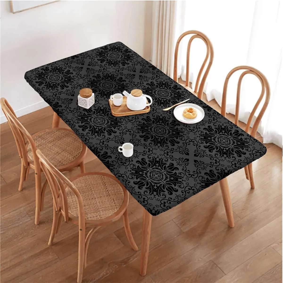 Black Grey Rectangle Elastic Fitted Tablecloth Floral Elements Oriental Vintage Fitted Rectangular Table Cloth with Elastic Rim Geometric Fits up 4 Foot Tables