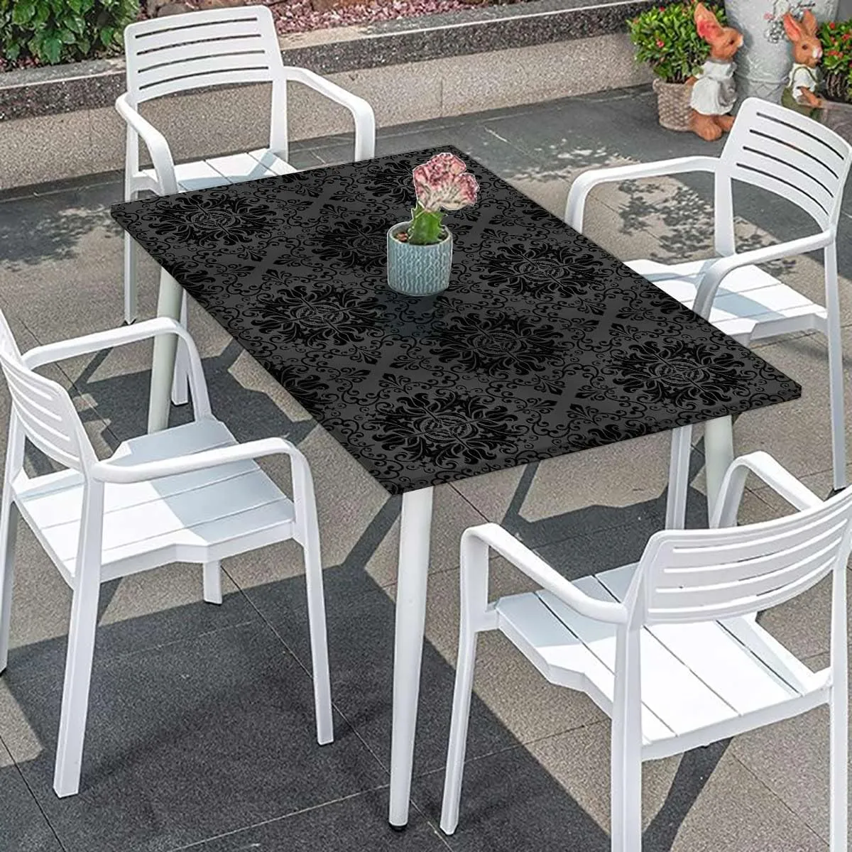 Black Grey Rectangle Elastic Fitted Tablecloth Floral Elements Oriental Vintage Fitted Rectangular Table Cloth with Elastic Rim Geometric Fits up 4 Foot Tables