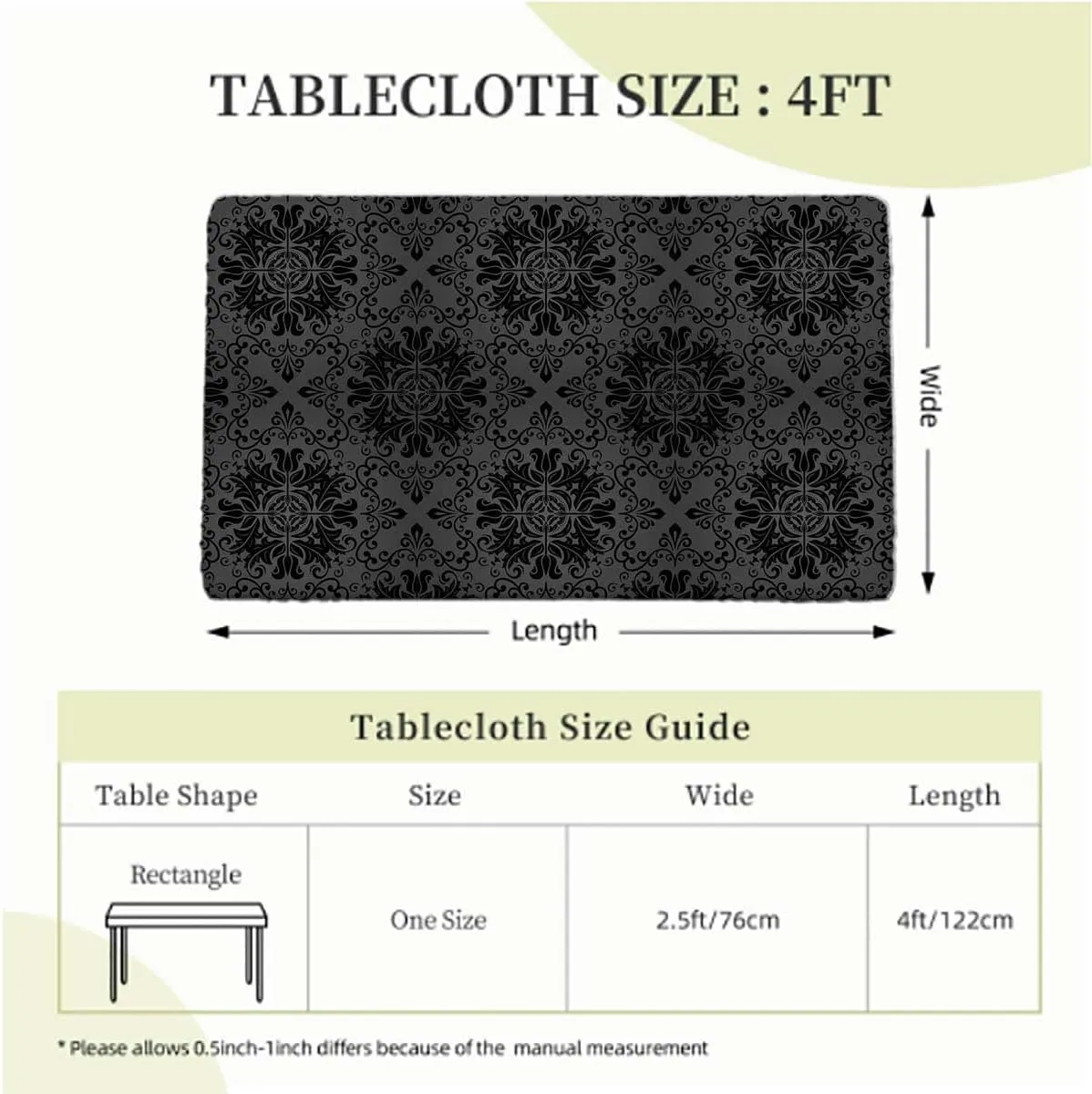 Black Grey Rectangle Elastic Fitted Tablecloth Floral Elements Oriental Vintage Fitted Rectangular Table Cloth with Elastic Rim Geometric Fits up 4 Foot Tables