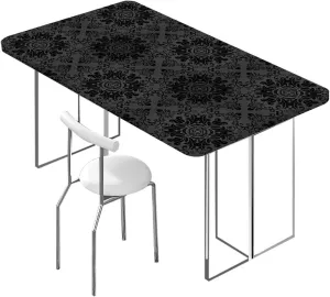 Black Grey Rectangle Elastic Fitted Tablecloth Floral Elements Oriental Vintage Fitted Rectangular Table Cloth with Elastic Rim Geometric Fits up 4 Foot Tables
