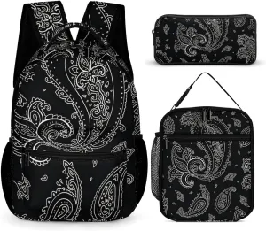 Black Paisley Pattern Large Capacity Portable Backpack Three Piece Set