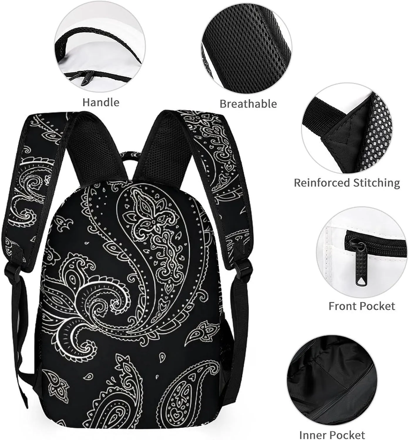 Black Paisley Pattern Large Capacity Portable Backpack Three Piece Set