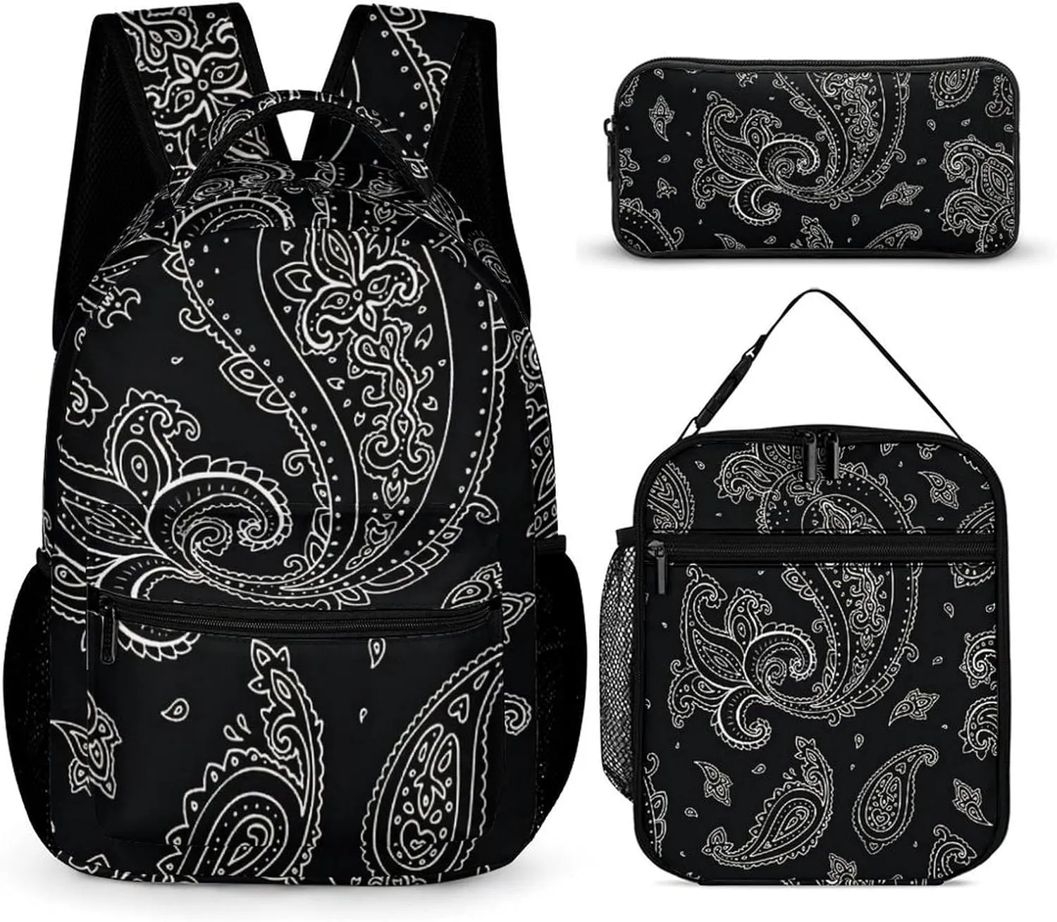 Black Paisley Pattern Large Capacity Portable Backpack Three Piece Set