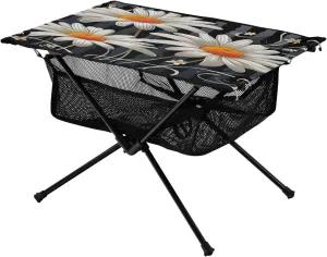 Black Striped Daisy Portable Folding Camping Table, Compact Lightweight Beach Table with Carrying Bag for Outdoor Picnics, BBQs, Camp