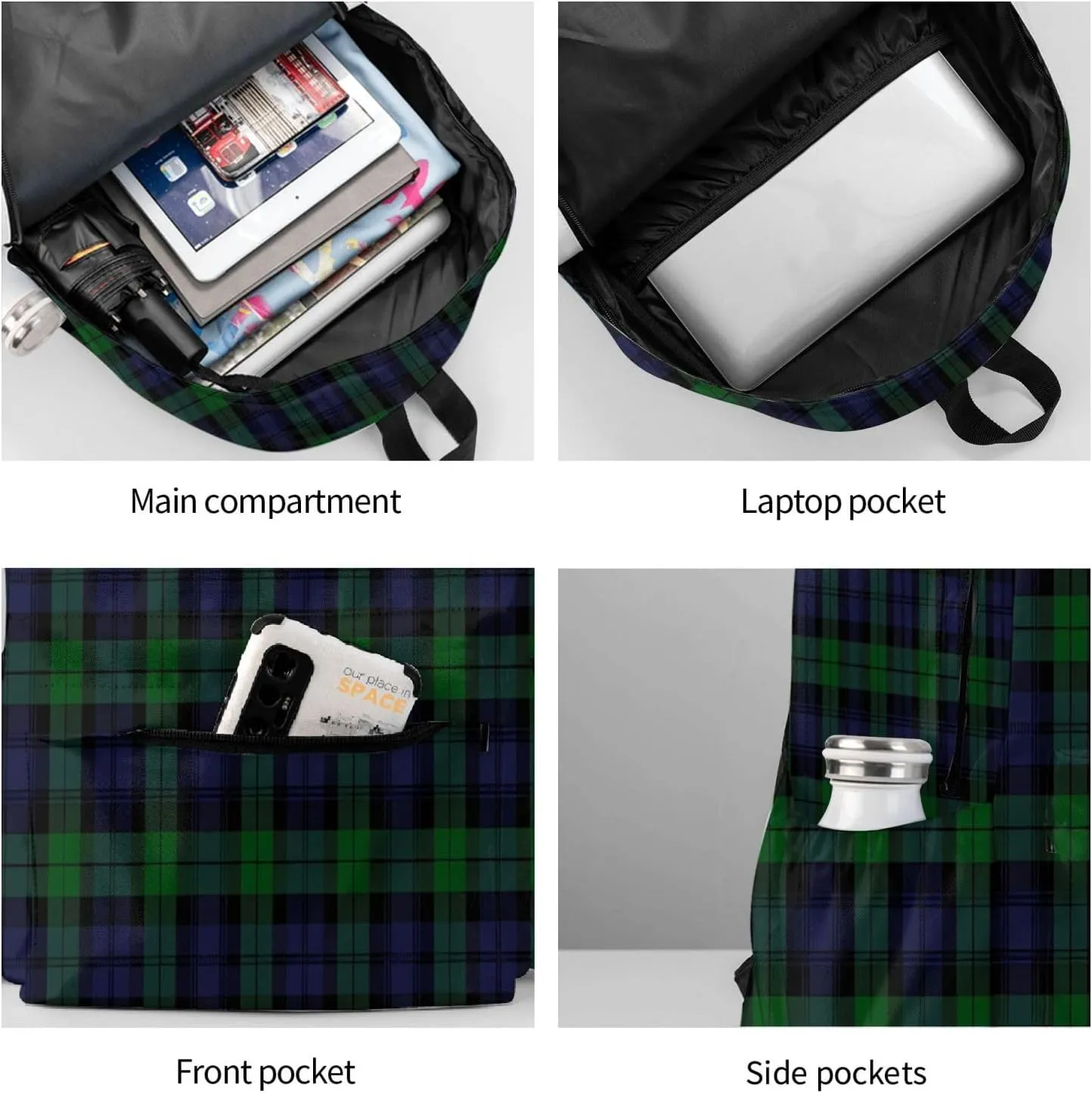 Black Watch Tartan Plaid Backpack Casual Laptop Backpack Large Capacity Double Shoulder Bag Travel Daypack For Women Men