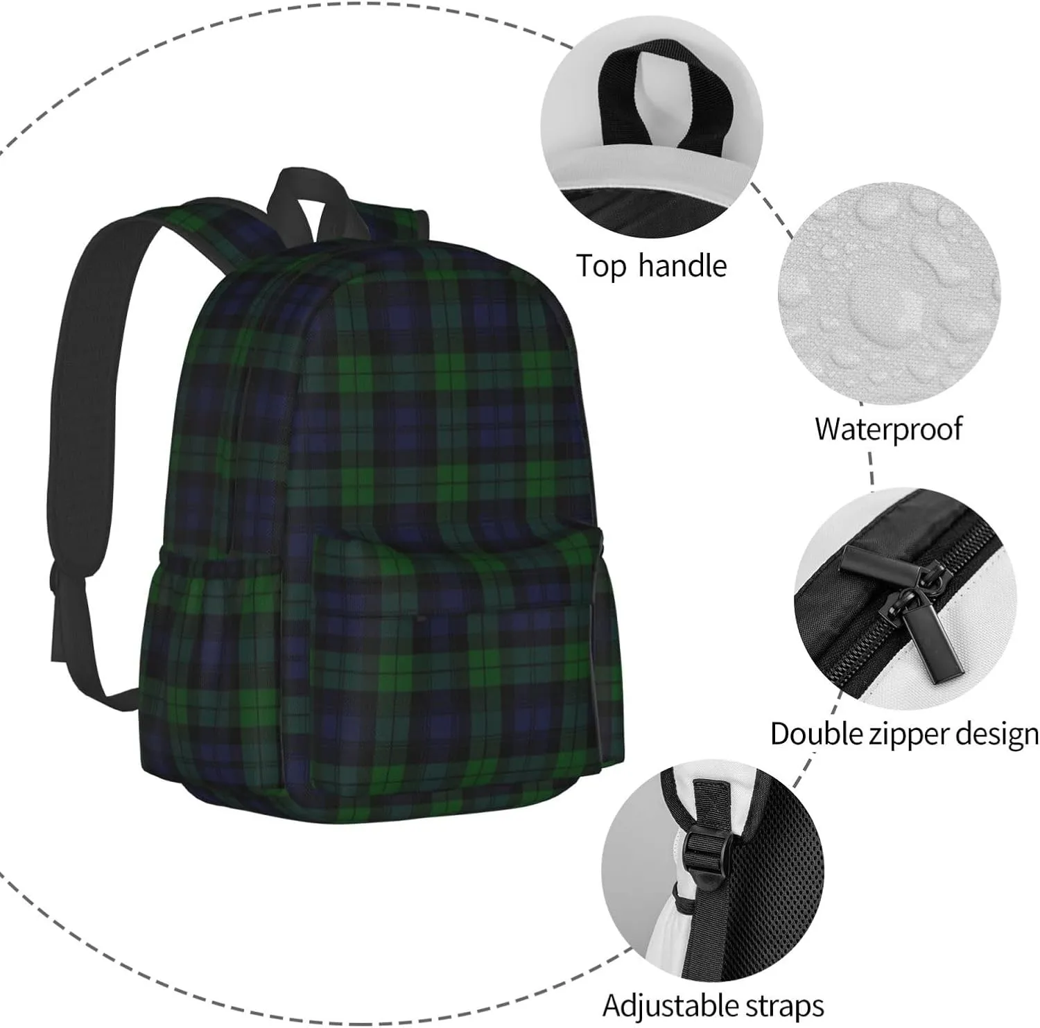 Black Watch Tartan Plaid Backpack Casual Laptop Backpack Large Capacity Double Shoulder Bag Travel Daypack For Women Men