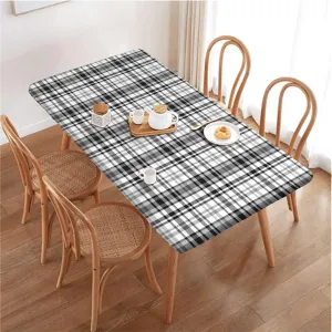 Black White Elastic Tablecloth Tartan Symmetric Stripes Image Indoor or Outdoor Fitted Table Covers for Banquet Tables Abstract Decor Fits up 4 Foot Tables