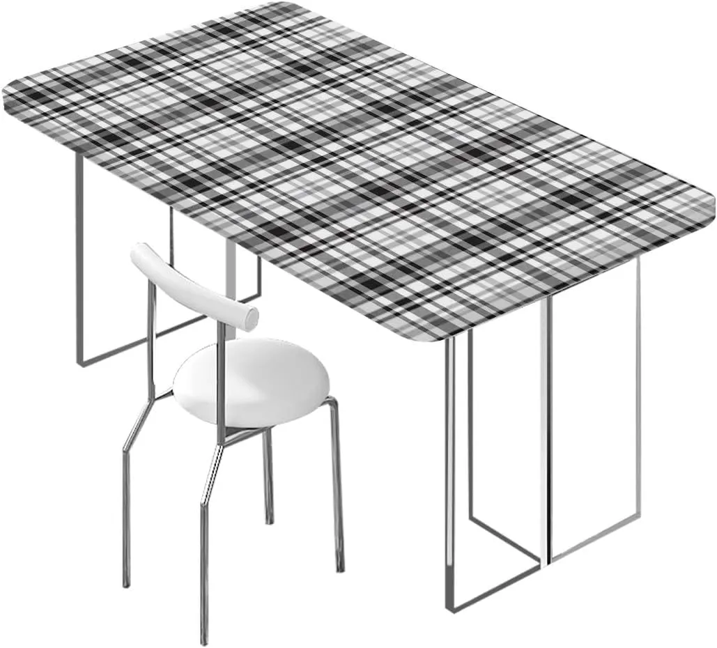 Black White Elastic Tablecloth Tartan Symmetric Stripes Image Indoor or Outdoor Fitted Table Covers for Banquet Tables Abstract Decor Fits up 4 Foot Tables
