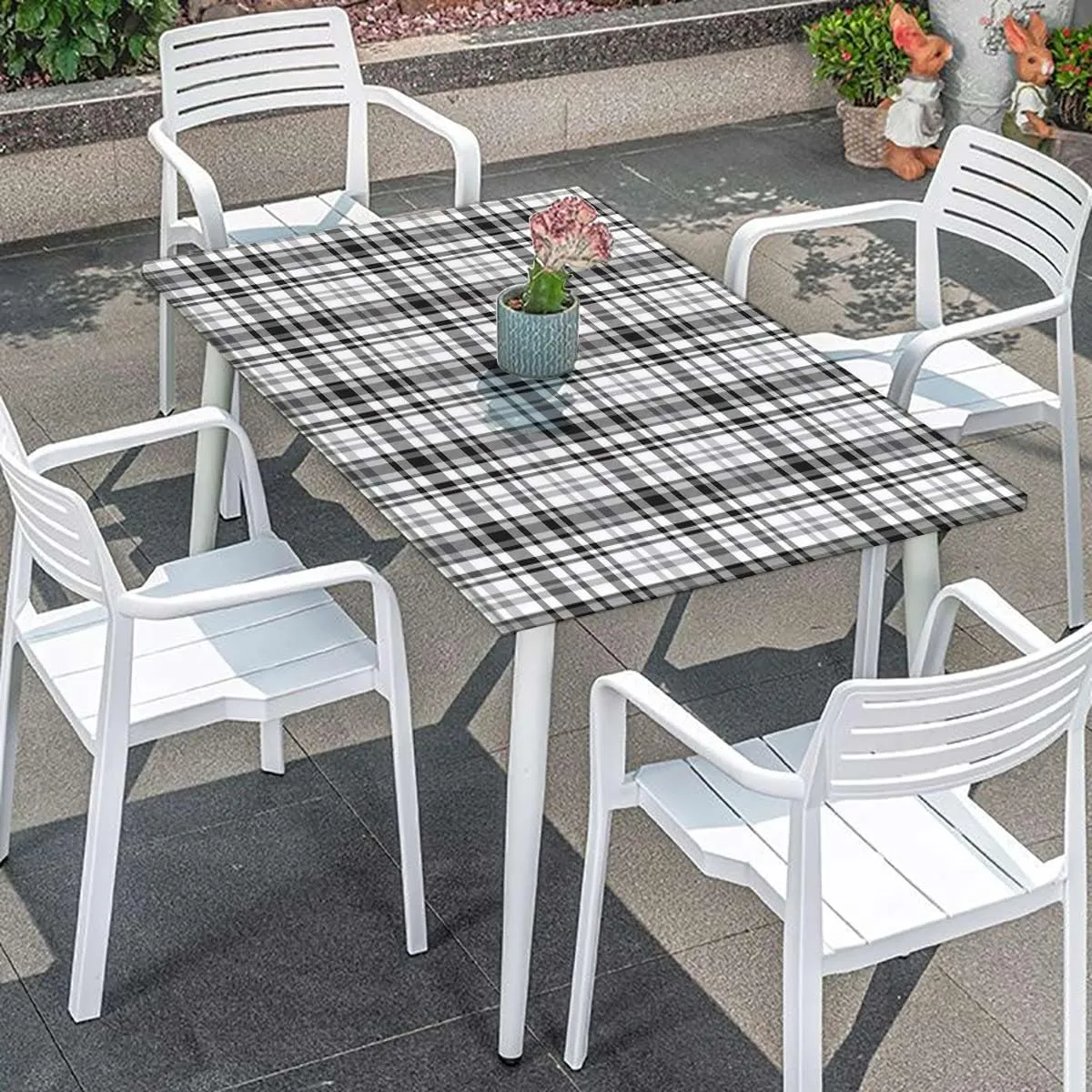 Black White Elastic Tablecloth Tartan Symmetric Stripes Image Indoor or Outdoor Fitted Table Covers for Banquet Tables Abstract Decor Fits up 4 Foot Tables