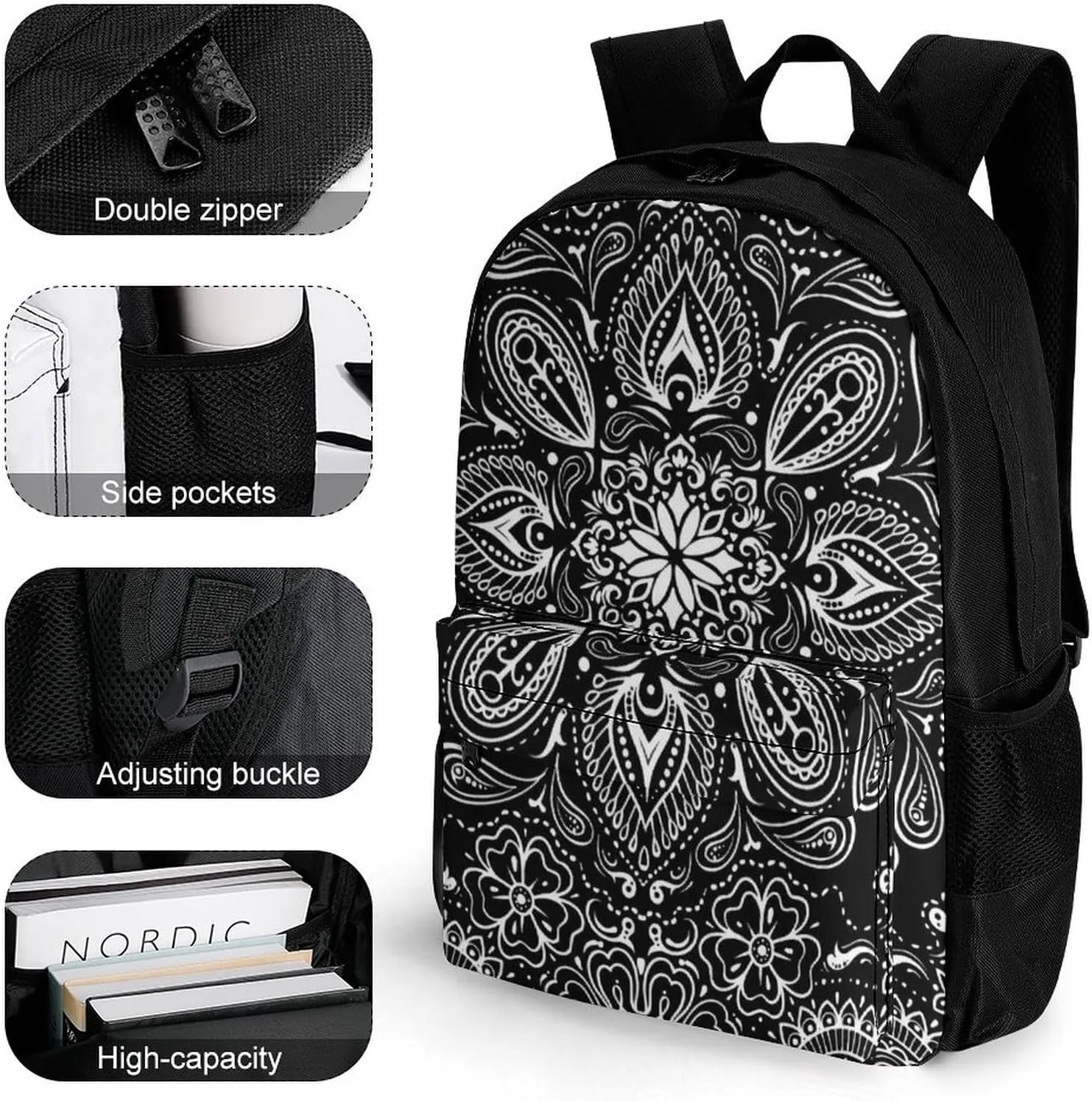 Black White Paisley A Large Capacity Backpack with Pockets, Suitable for Outdoor Use, Etc