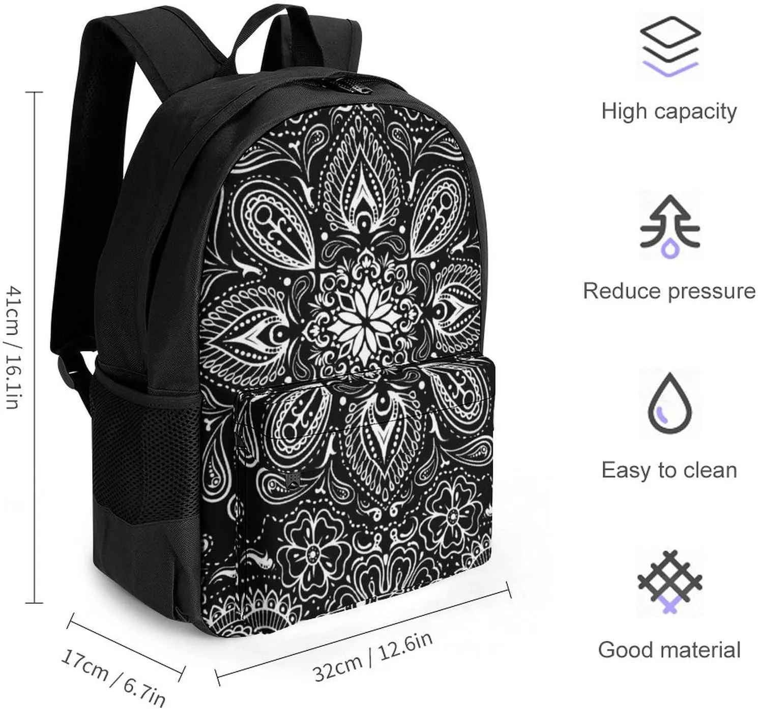 Black White Paisley A Large Capacity Backpack with Pockets, Suitable for Outdoor Use, Etc