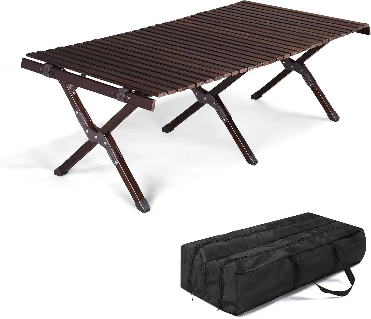 Black Wooden Camping Table Foldable Large Table Portable Camp Table with Roll Up Tabletop and Carry Bag for Outdoor, Lightweight Foldable Camp Table for Outdoor, Table for Picnic Barbecue Grill Beach
