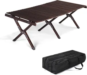 Black Wooden Camping Table Foldable Large Table Portable Camp Table with Roll Up Tabletop and Carry Bag for Outdoor, Lightweight Foldable Camp Table for Outdoor, Table for Picnic Barbecue Grill Beach