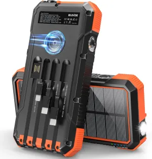 BLAVOR Solar Power Bank 20000mAh Built-in 4 Cables, 20W Fast Charging Portable Charger with USB C in/Output, Flashlight, Battery Pack for iPhone 16/15/14/13/12/11, iPad, Apple Watch, All Mobile Phones