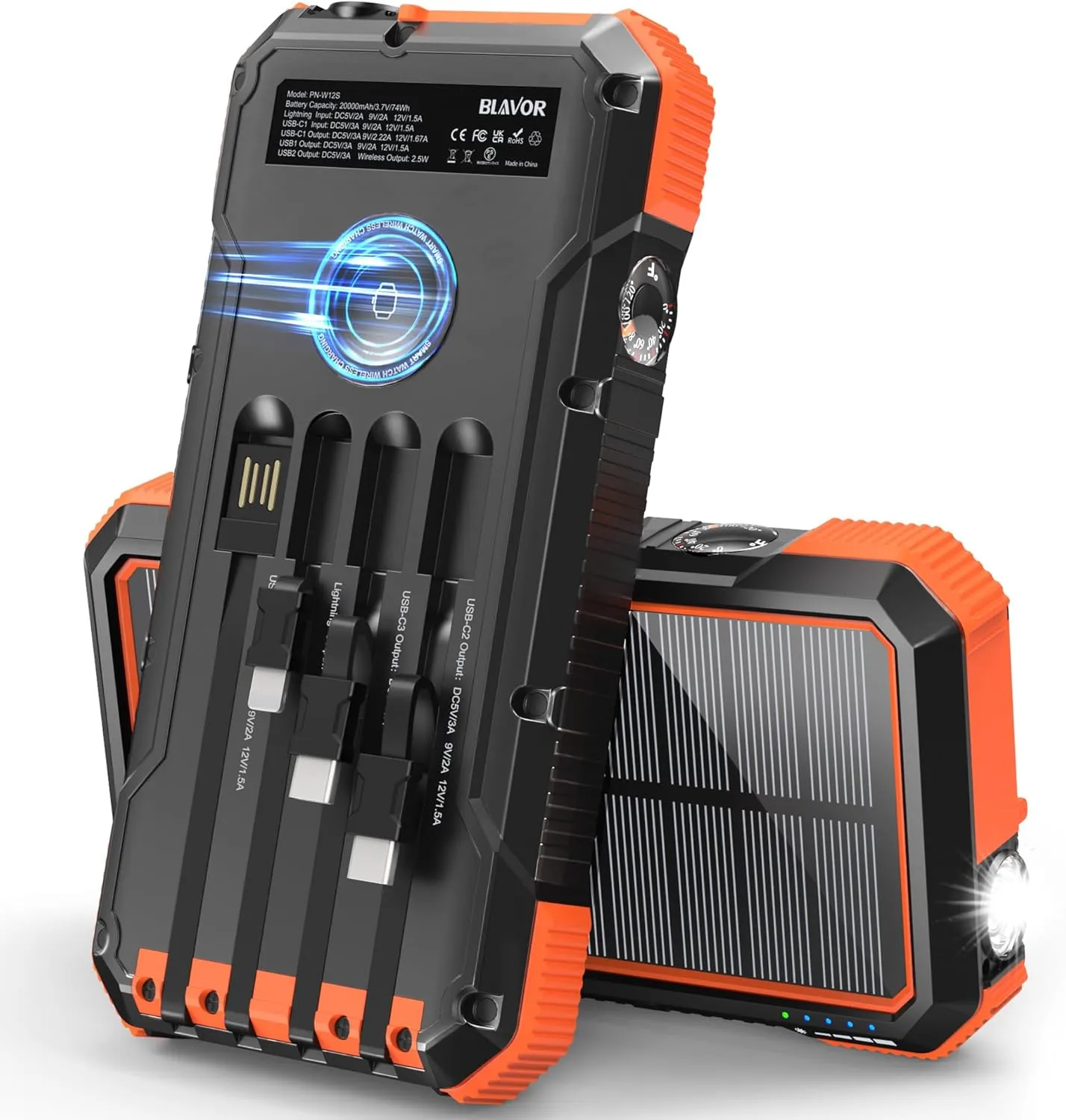 BLAVOR Solar Power Bank 20000mAh Built-in 4 Cables, 20W Fast Charging Portable Charger with USB C in/Output, Flashlight, Battery Pack for iPhone 16/15/14/13/12/11, iPad, Apple Watch, All Mobile Phones