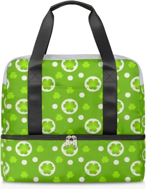 Blue Lucky Clover Travel Bag Double Tier Zip Closure Weekender Bag with Leather Handle Waterproof Sports Tote Gym Bag for Swim Beach Gym Yoga