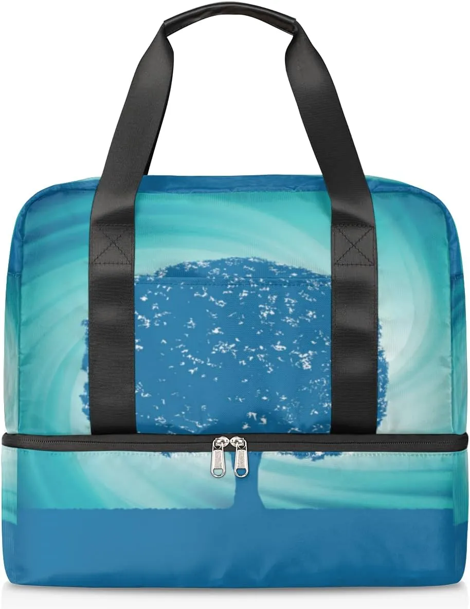 Blue Mystical Tree Travel Bag Double Tier Zip Closure Weekender Bag with Leather Handle Waterproof Sports Tote Gym Bag for Swim Beach Gym Yoga