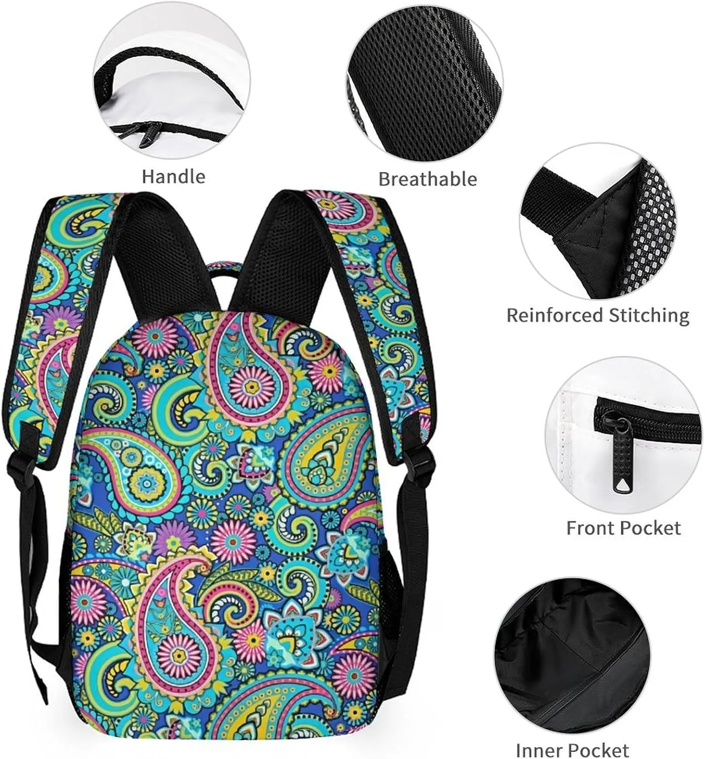 Blue Pink Paisley Large Capacity Portable Backpack Three Piece Set