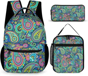 Blue Pink Paisley Large Capacity Portable Backpack Three Piece Set