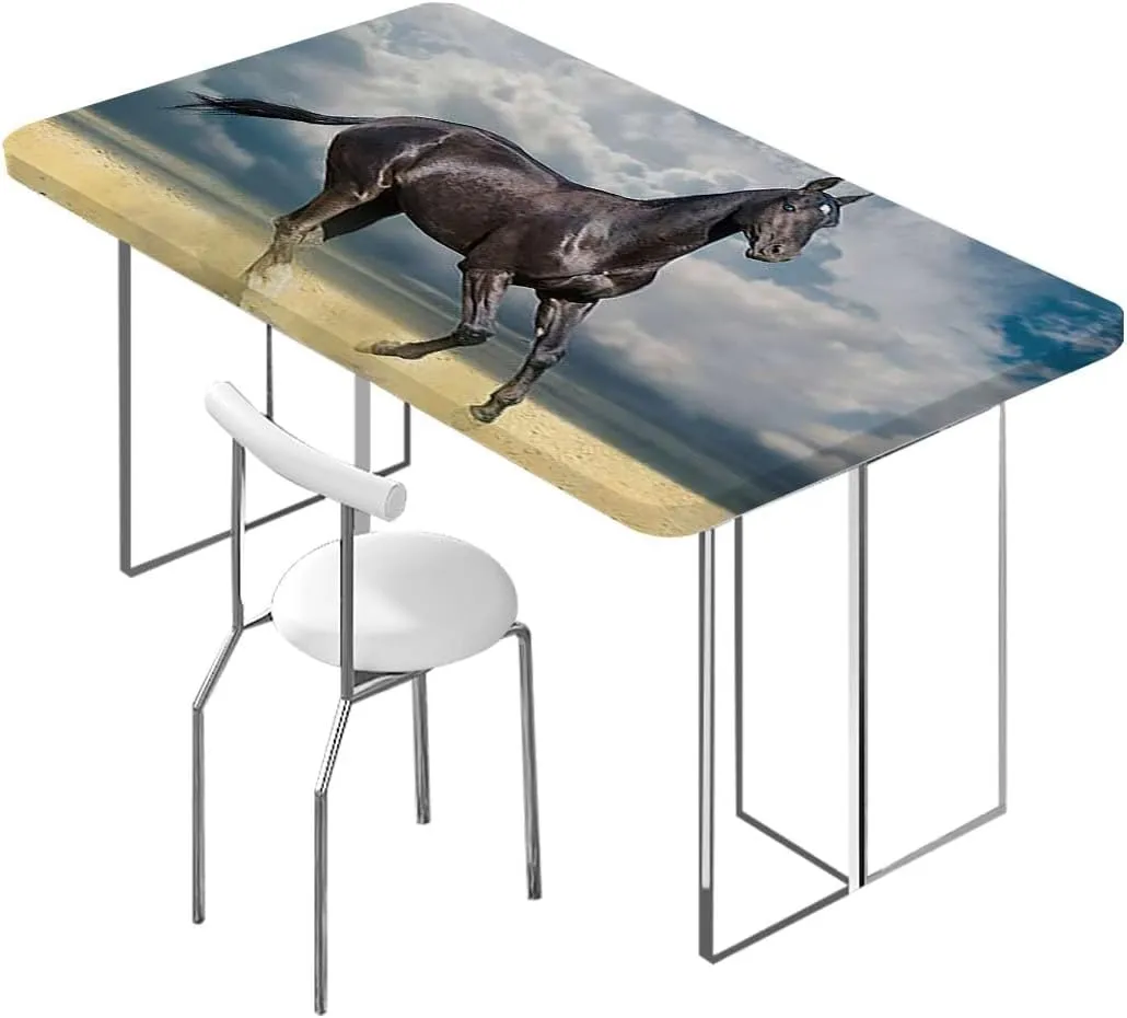 Blue Rectangular Table Covers, Couple Horses Running on Plowed Field in Stormy Elastic Edge, Waterproof and wipeable Horses Fits up 4 Foot Tables
