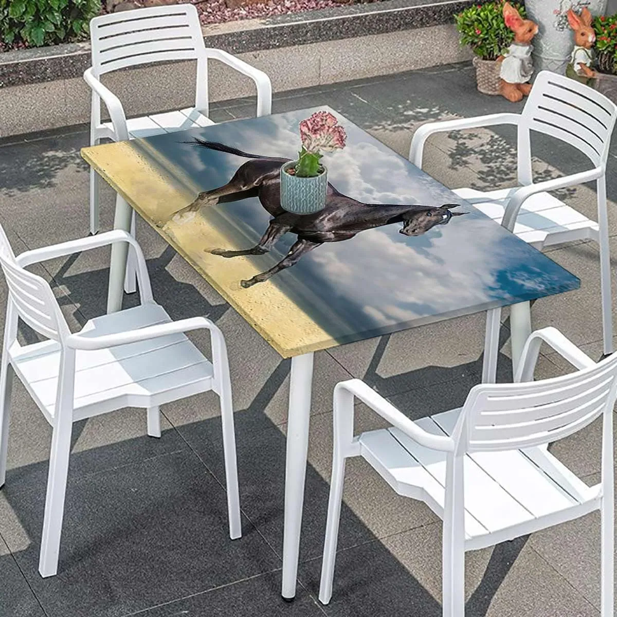 Blue Rectangular Table Covers, Couple Horses Running on Plowed Field in Stormy Elastic Edge, Waterproof and wipeable Horses Fits up 4 Foot Tables