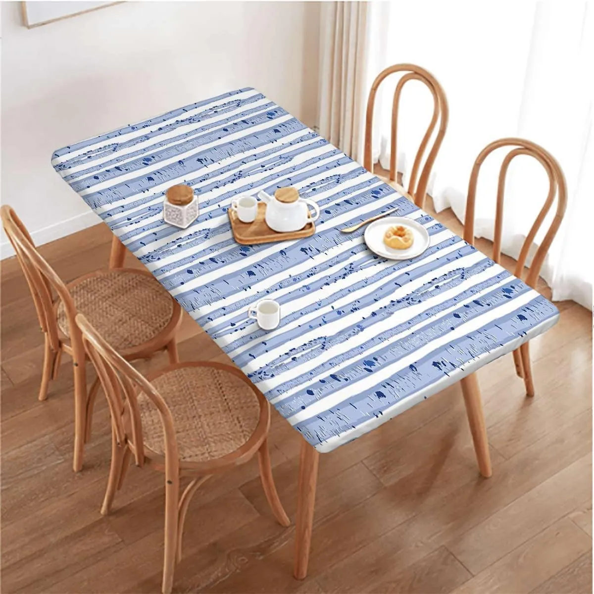 Blue White Elastic Edge Fitted Table Cloth, Forest Seasonal Nature Woodland Leafless Waterproof Elastic Fitted Table Covers,Camping, Indoor, Outdoor Birch Tree Fits up 5 Foot Tables
