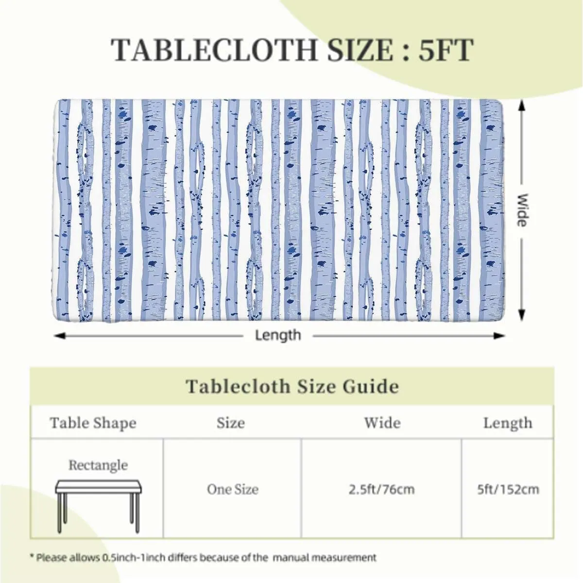 Blue White Elastic Edge Fitted Table Cloth, Forest Seasonal Nature Woodland Leafless Waterproof Elastic Fitted Table Covers,Camping, Indoor, Outdoor Birch Tree Fits up 5 Foot Tables
