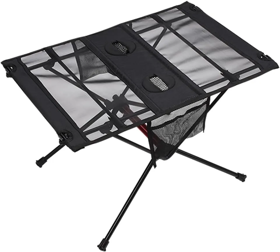 Blueshyhall Camping Table Folding, Small Beach Table Foldable with Drink Holder & Mesh Storage, Compact Camp Tent Side Table for Sand/Picnic/Tailgate/Boat/Travel