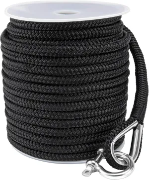 Boat Anchor Rope 100FT 3/8 Inch Anchor Line, Nylon Solid Braid Marine Anchor Rope/Line with Stainless Steel Thimble & Shackle(3/8" x 100' Black)
