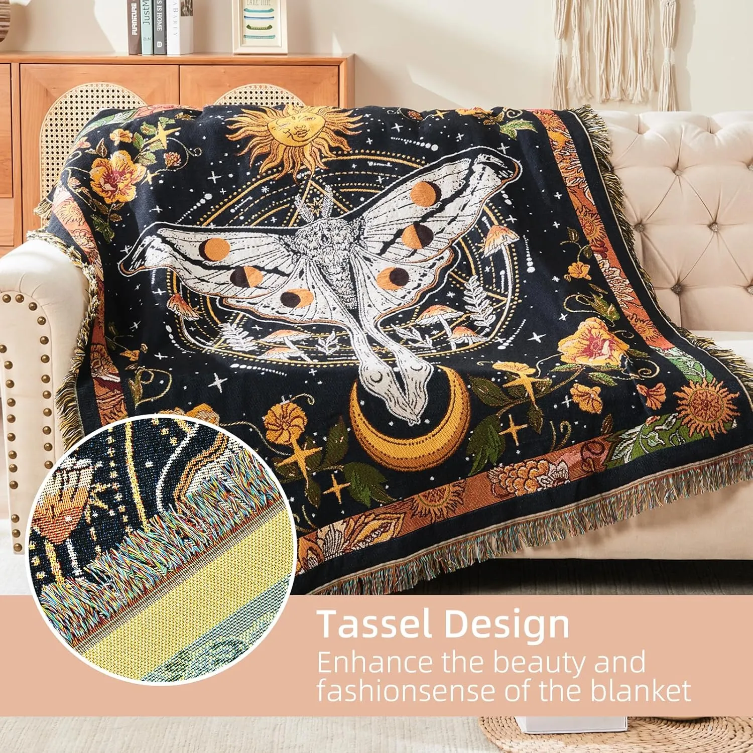 Boho Throw Blanket Reversible Cotton Bohemian Tapestry Hippie Room Decor Outdoor Blanket Double Sided (Black Butterfly 50"x60")