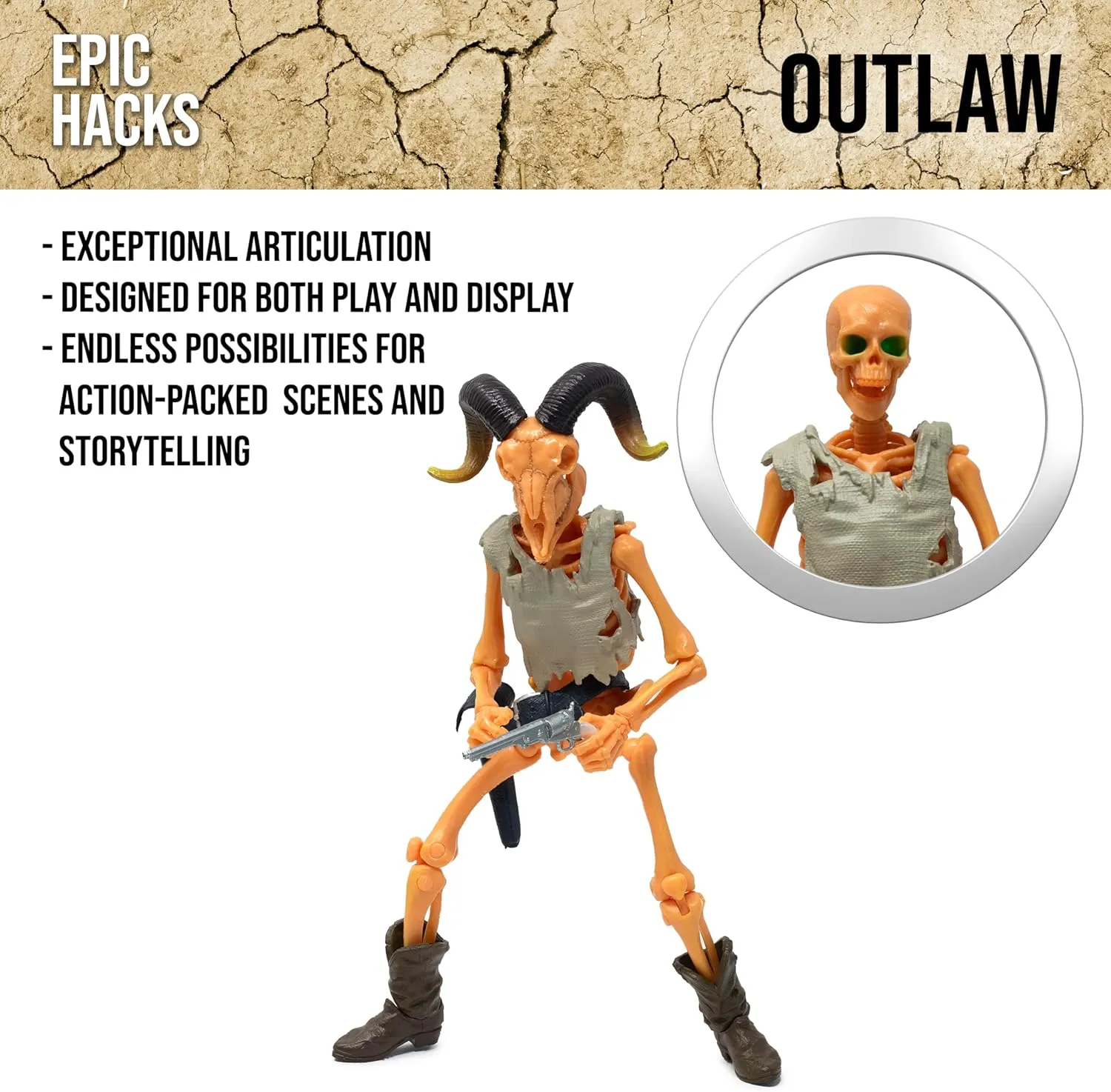 Boss Fight Studio Epic H.A.C.K.S. Outlaw Skeleton Action Figure – Highly Articulated Collectible Figurine and Accessories – Pistol, Shotgun, Rifle Sling, Rope, Alternate Hands & Head, and Stand – 1:12